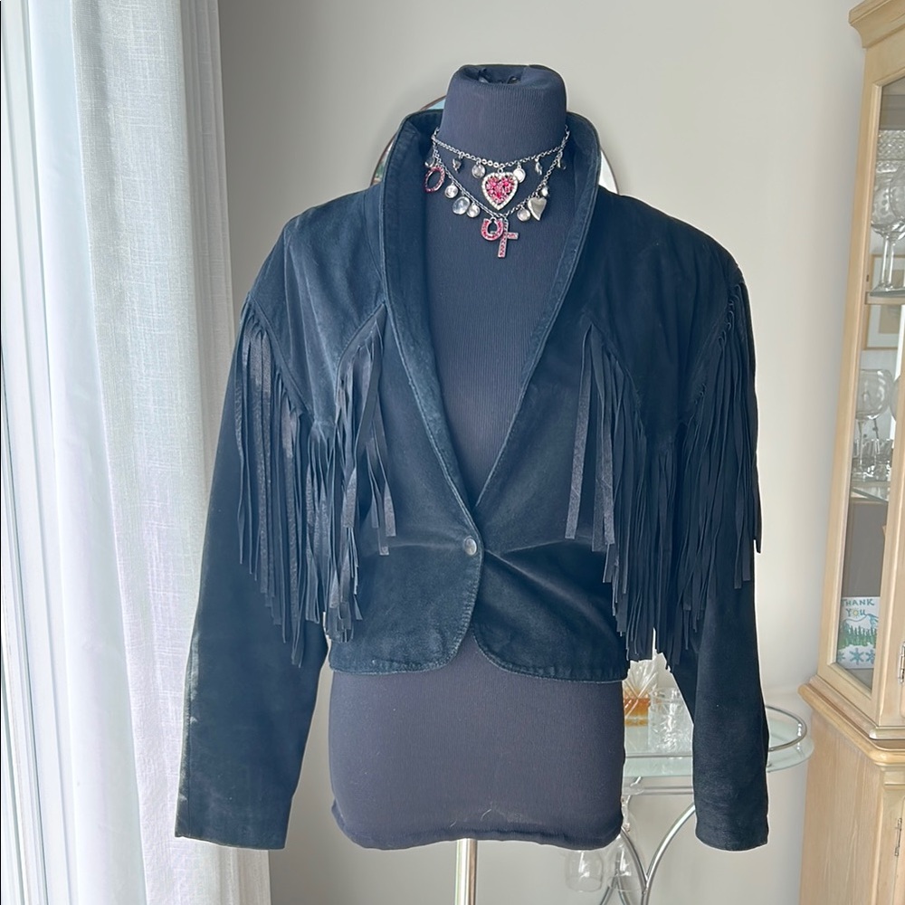Black Leather Cropped Jacket with Fringe